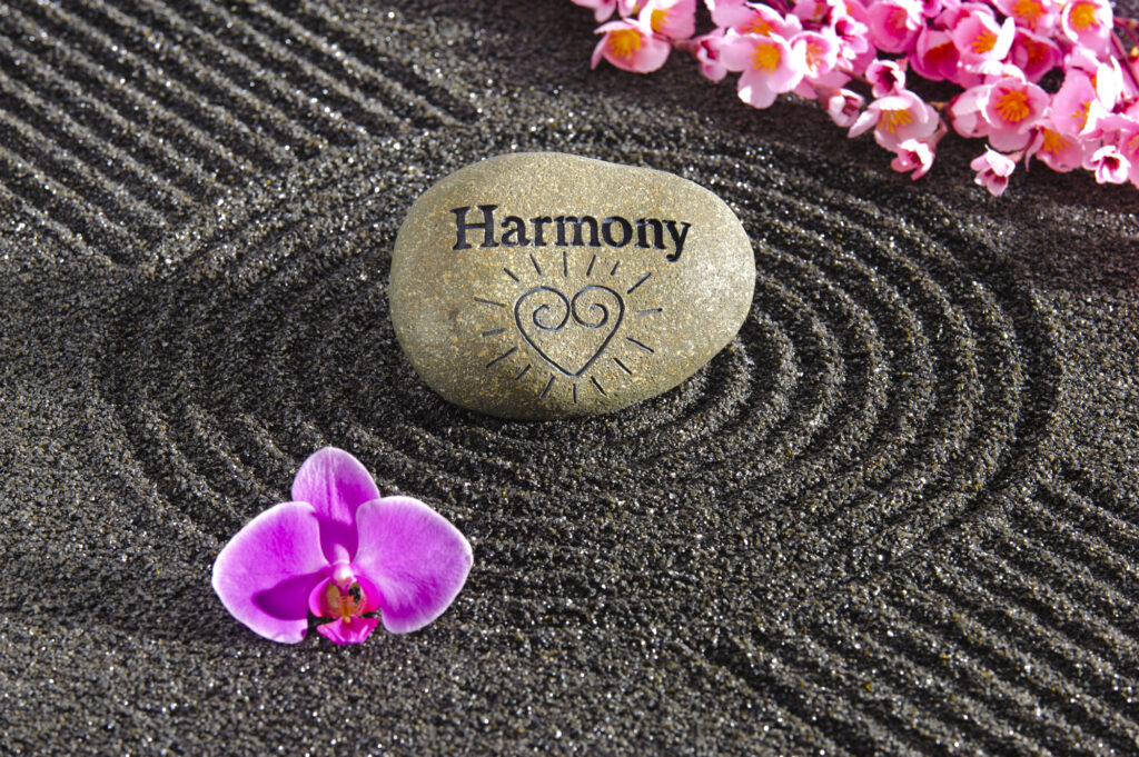 Japan zen garden with stones in raked sand